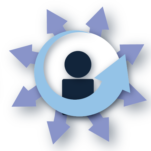 an icon of a person in the middle of circular upward arrow atop of a circular array of arrowheads pointing in all directions