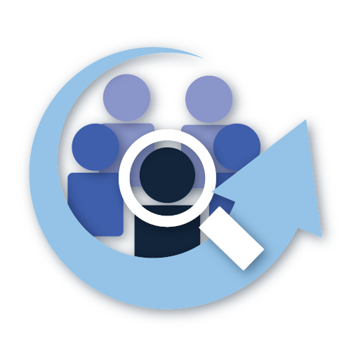 graphic of a magnifying glass looking at a single icon of a person amidst a group overlaid by an upward circular arrow