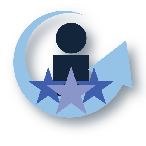 graphic of a person with three stars in front and below him all sitting on an upward circular arrow
