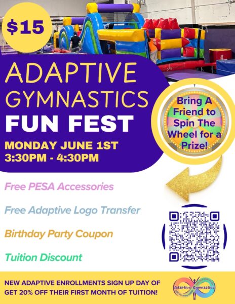event logo for Adaptive Gymnastics Fun Fest: Bring a Friend to Spin for a Chance to Win